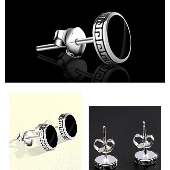 🆕 6mm Onyx Button Greek Style 18K White Gold Earring Studs  🆕 Hypoallergenic - Picture 3 of 8